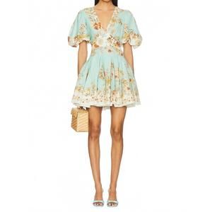 HEMANT & NANDITA Floral Mini Dress in Light Blue and Cream